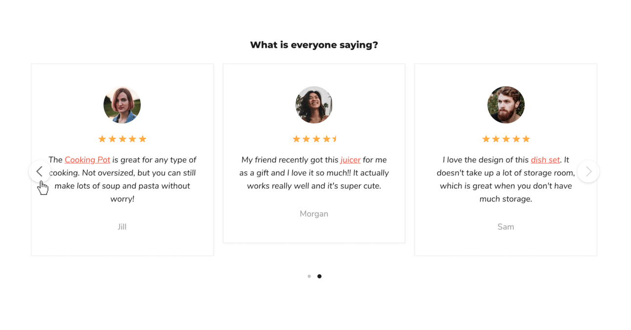 Three customer testimonials with photos, star ratings, and product comments.