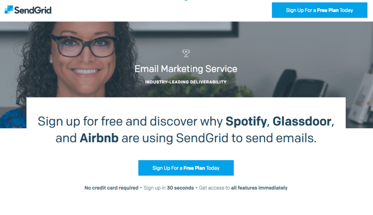 Historical SendGrid homepage using well-known customer names as social proof.