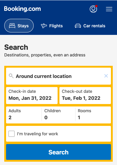 Historical Booking.com mobile homepage screenshot showing the search form.