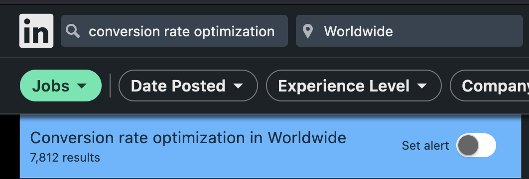 Captura histórica de vagas relacionadas a CRO no LinkedIn.