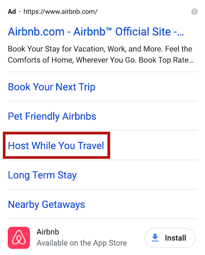 Historical Airbnb mobile search ad highlighting Host While You Travel.