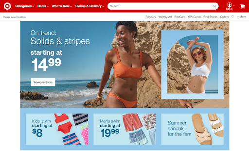 Historical Target homepage featuring summer products in a location and weather segmentation example.