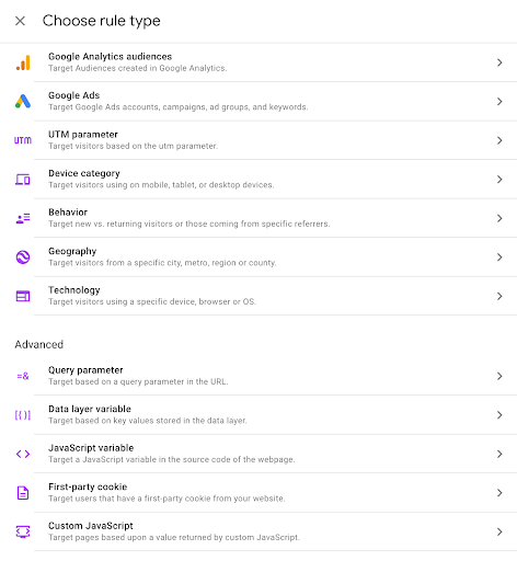 Historical Google Optimize targeting rule selector.
