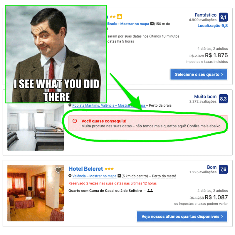 Historical Booking screenshot with the scarcity message “You almost got it!” highlighted by the author.