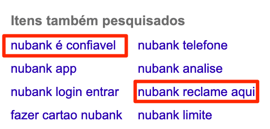 Nubank related searches highlighting trust and Reclame Aqui.