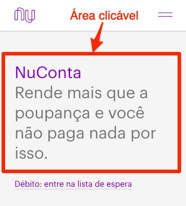 Clickable NuConta area highlighted on the mobile Nubank homepage.