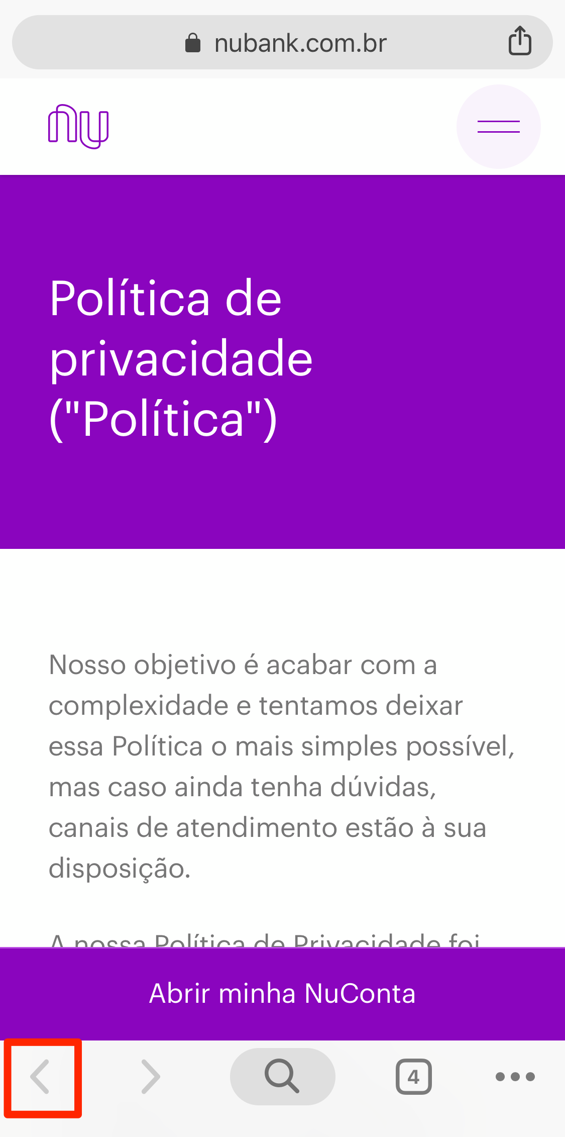 Privacy policy opened in another tab, with the browser back button disabled.