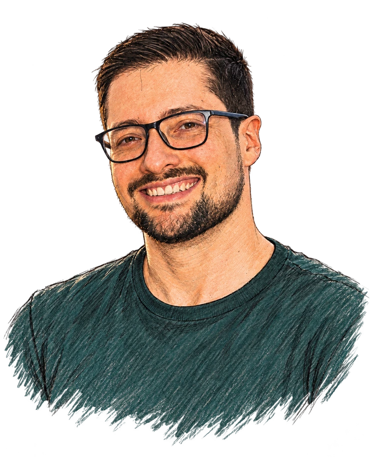 Illustrated portrait of Rafael Damasceno, smiling, wearing glasses and a green shirt