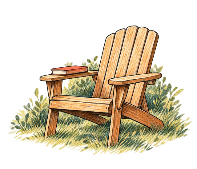 Illustration of a garden chair with a book on its arm.