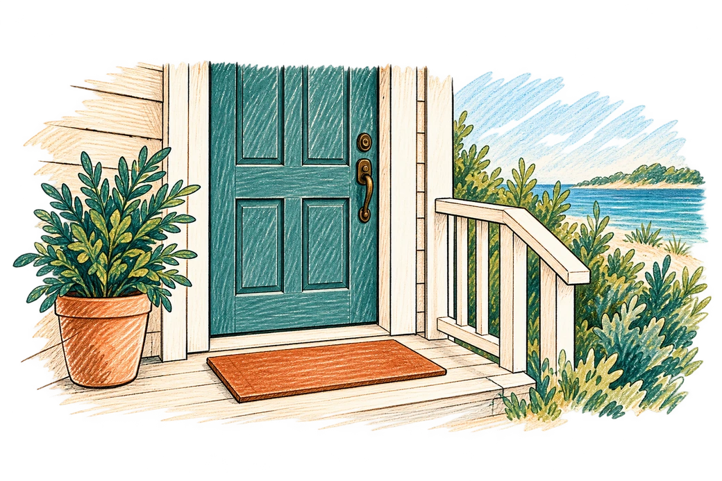 Conceptual illustration of a seaside porch with a green door and plants.